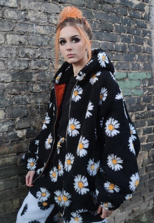 Daisy print fleece jacket custom made sunflower bomber black