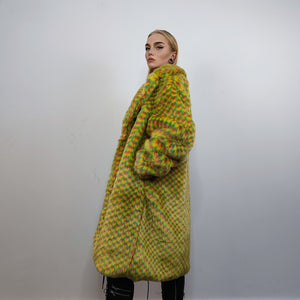 Checked faux fur longline coat geometric trench bright raver bomber fluffy winter fleece festival jacket neon burning man coat in yellow