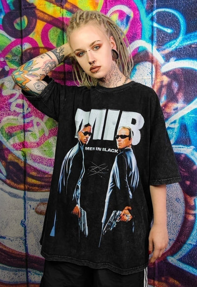 Men in black t-shirt Y2K retro movie print tee in acid black