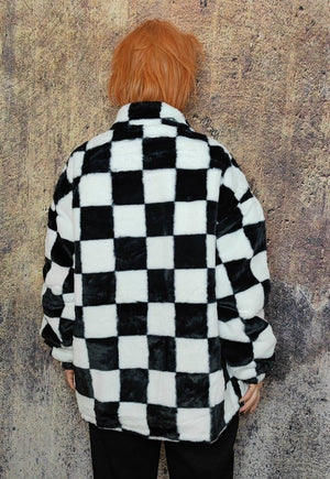 Check fleece jacket checkboard fluffy retro bomber in black