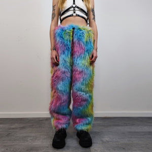 Rainbow faux fur joggers unicorn raver pants fluffy psychedelic trousers ski fleece tie-dye overalls festival bottoms burning man pants blue