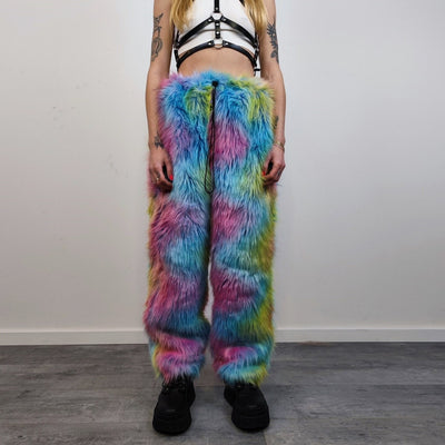 Rainbow faux fur joggers unicorn raver pants fluffy psychedelic trousers ski fleece tie-dye overalls festival bottoms burning man pants blue