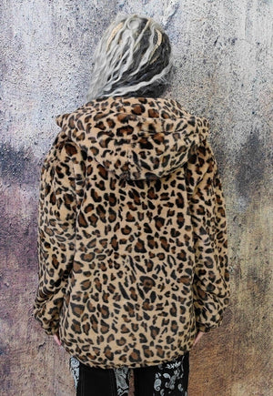 Leopard fleece jacket in brown animal print hooded bomber