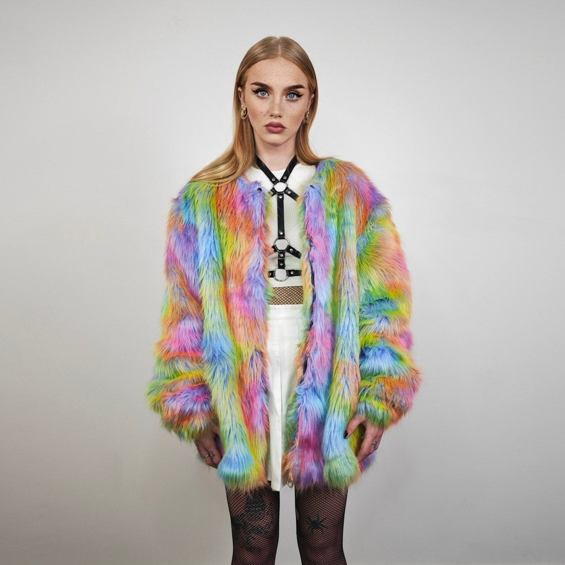 Rainbow faux fur jacket collarless tropical coat bright raver bomber fluffy carnival fleece luminous festival pullover burning man overcoat