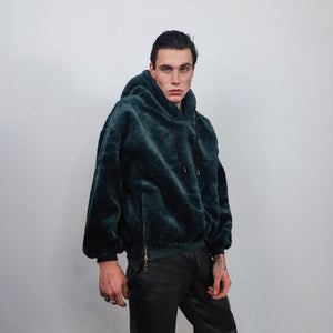 Hooded fleece jacket utility fluffy pullover faux fur punk hoodie side zippers lined Gothic jumper raver top in emerald green