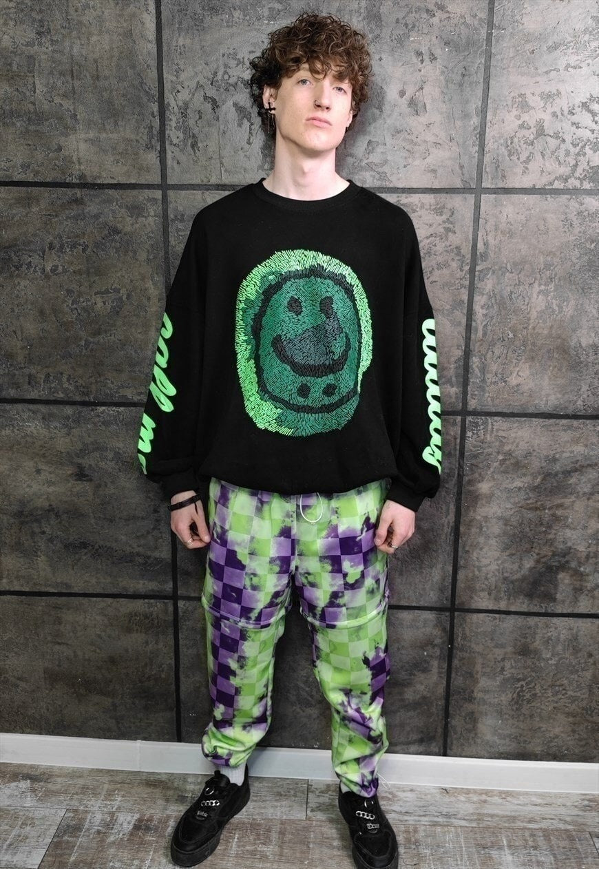 Detachable check joggers handmade shorts tie-dye pants acid