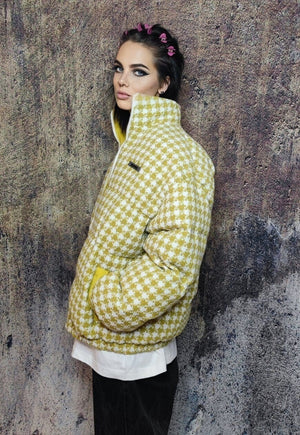 Dog-tooth jacket preppy bomber retro check coat in yellow