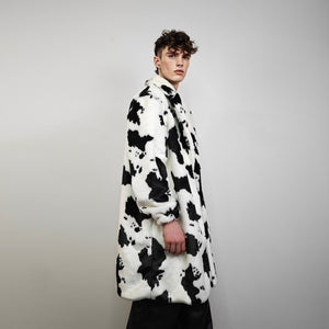 Cow coat faux fur spot pattern trench animal overcoat going out bomber detachable rave festival jacket rock and roll peacoat in white black