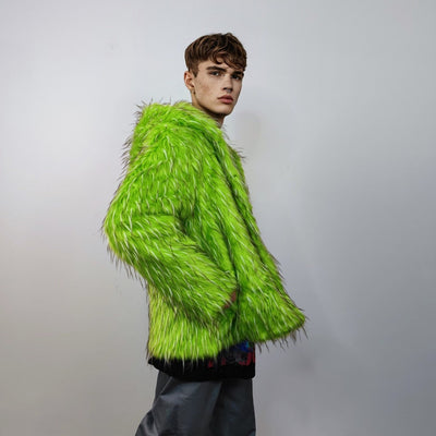 Hooded shaggy faux fur jacket neon bomber bright raver coat fluffy winter fleece luminous festival overcoat burning man fuzzy trench green