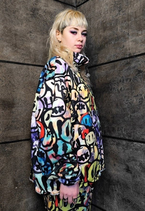 Reversible emoji fleece jacket handmade smile coat in blue