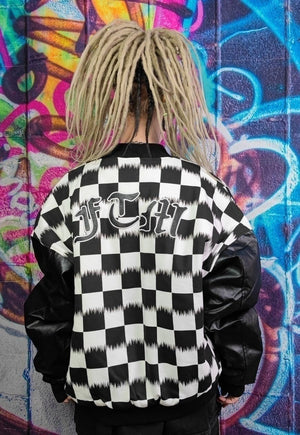 Drop shoulder varsity jacket faux leather check jacket black