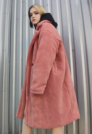 Fleece trench jacket in pastel pink faux fur fluffy mac coat