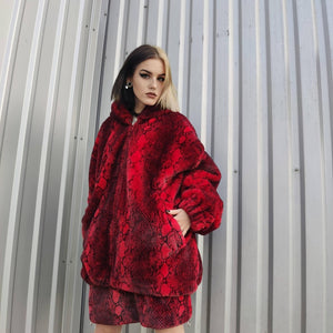 Luxury snake jacket faux fur python print bomber handmade fluffy catwalk fleece puffer premium grunge hooded coat in red black