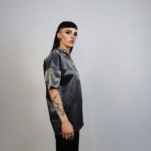 Silver t-shirt shiny metallic top going out thin tee luminous short sleeve jumper summer party shirt cyber punk pullover in grey