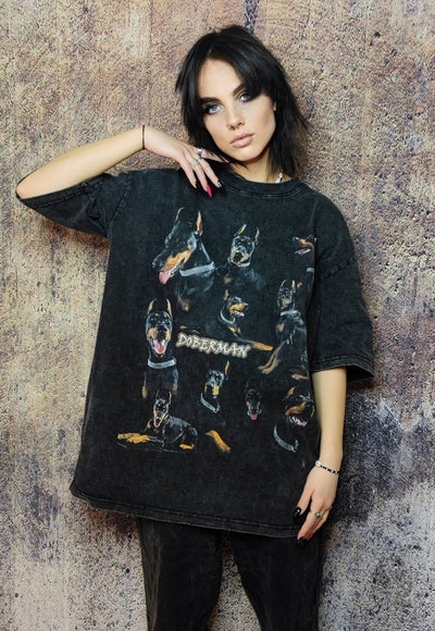 Doberman t-shirt grunge tee retro Pinscher top in acid black