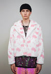 Cow trench coat pink white cropped animal print plush jacket