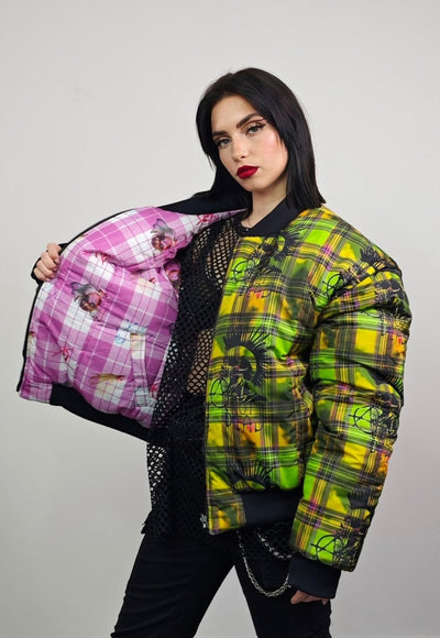 Punk check varsity jacket green check reversible rave bomber