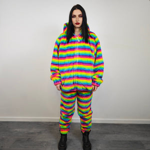 Striped rainbow fleece jacket psychedelic hood festival glitch rave bomber carnival overcoat LGBT jumper gay pride pullover burning man top