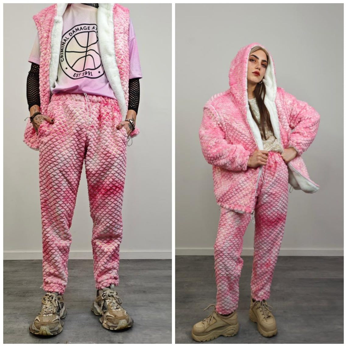 Mermaid joggers orange pink tie-dye fleece pants faux fur rainbow trousers retro geometric overalls fluffy bottoms festival set rave outfit
