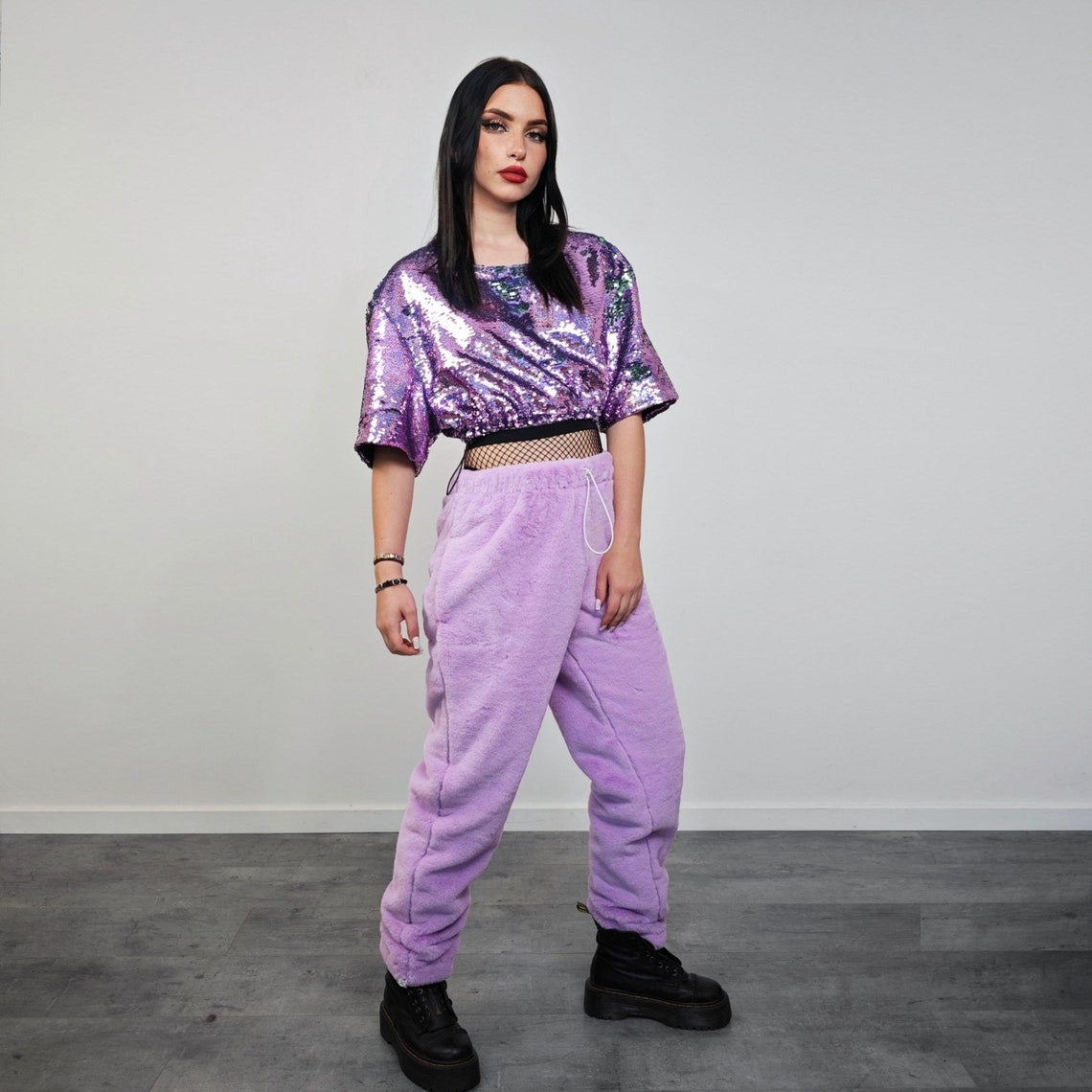 Faux fur joggers lilac soft fleece trousers luxury soft pants handmade party hotpants fluffy festival set raver tracksuit