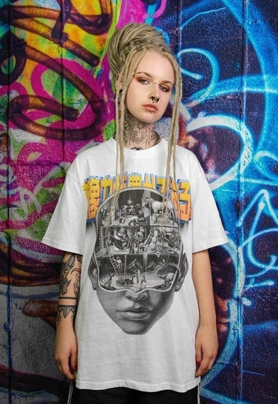 Anime print t-shirt grunge tee graffiti retro top in white