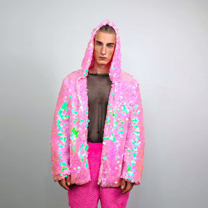 Pink sequin jacket hooded mermaid bomber holographic pullover luminous festival coat rave top fairy overcoat carnival sweatshirt