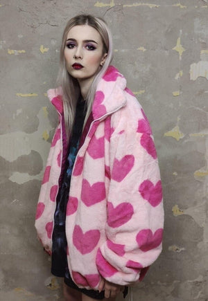 Heart fleece bomber handmade fluf love jacket in pastel pink