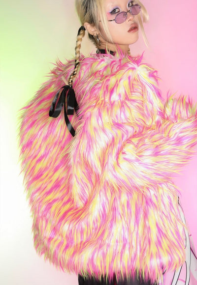 Shaggy faux fur coat pink orange fuzzy aviator raver bomber