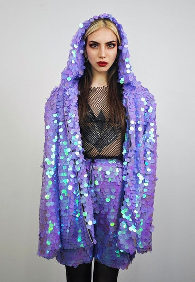 Purple sequin jacket hooded mermaid bomber holographic