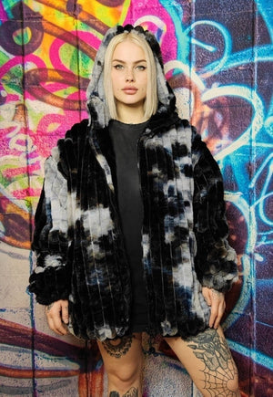 Tie-dye fleece jacket reversible faux fur gradient jacket