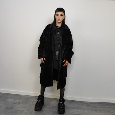 Gothic faux fur coat belted utility trench 80s inspired fluffy jacket gorpcore shaggy bomber long fleece grunge punk mac in black