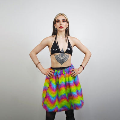 Rainbow faux fur skirt crop striped shorts festival zigzag skater skirt furry set carnival costume party pants psycho wide rave gown pink