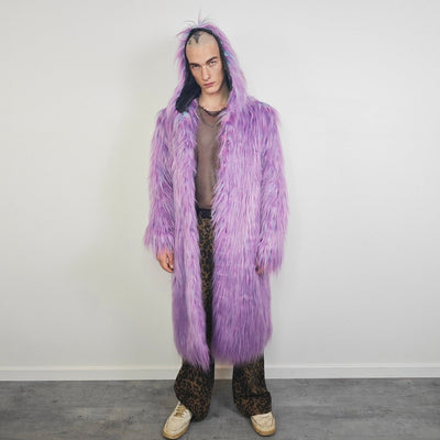 Shaggy purple haze coat hooded lilac jacket Eras tour inspired overcoat long hair fluffy trench neon Lavender bomber raver fleece in violet