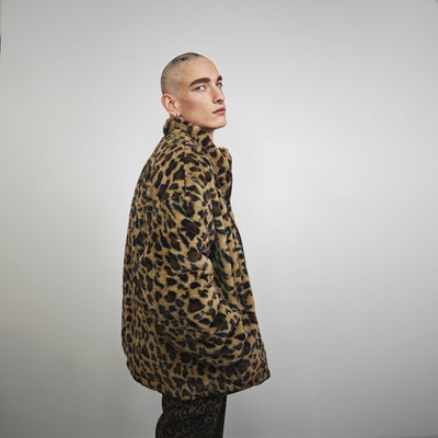 Animal print fleece jacket brown leopard coat zip up cheetah bomber wild cat overcoat fluffy jaguar festival jacket bobcat jumper