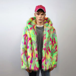 Hooded faux fur jacket psychedelic coat shaggy trench bright raver bomber fluffy fleece festival jacket neon burning man overcoat green pink