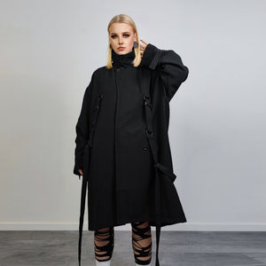 Utility buckle coat grunge bondage jacket strap attachment mac Gothic trench jacket catwalk bomber lapel smart overcoat in black