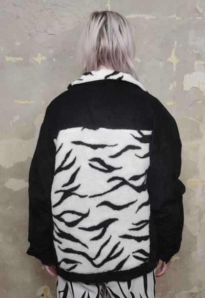 Animal print corduroy jacket zebra fleece patch bomber black