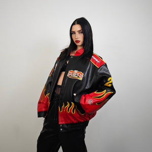 Flame patchwork racing jacket vintage faux leather varsity Japanese style motorsports F1 bomber burning fire embroidered formula one coat