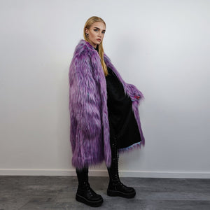 Shaggy faux fur lavender coat long neon trench bright raver bomber fluffy winter fleece luminous festival jacket burning man overcoat purple