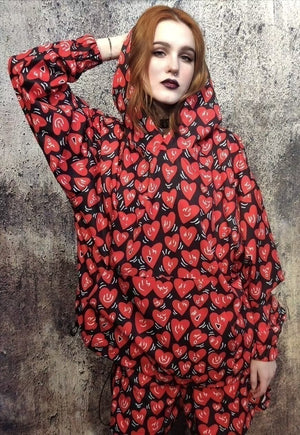 Heart print hoodie handmade love emoji pullover in red