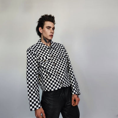 Button up check bomber jacket Chequerboard varsity SKA aviator chess pattern coat in black and white