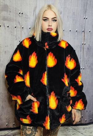 Flame bomber jacket handmade reversible fleece puffer black