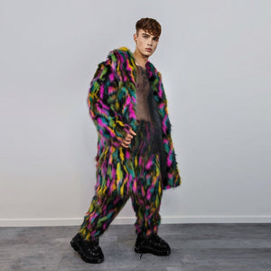 Faux fur long striped neon coat zebra trench raver bomber fluffy tie-dye winter fleece festival jacket burning man going out coat black pink