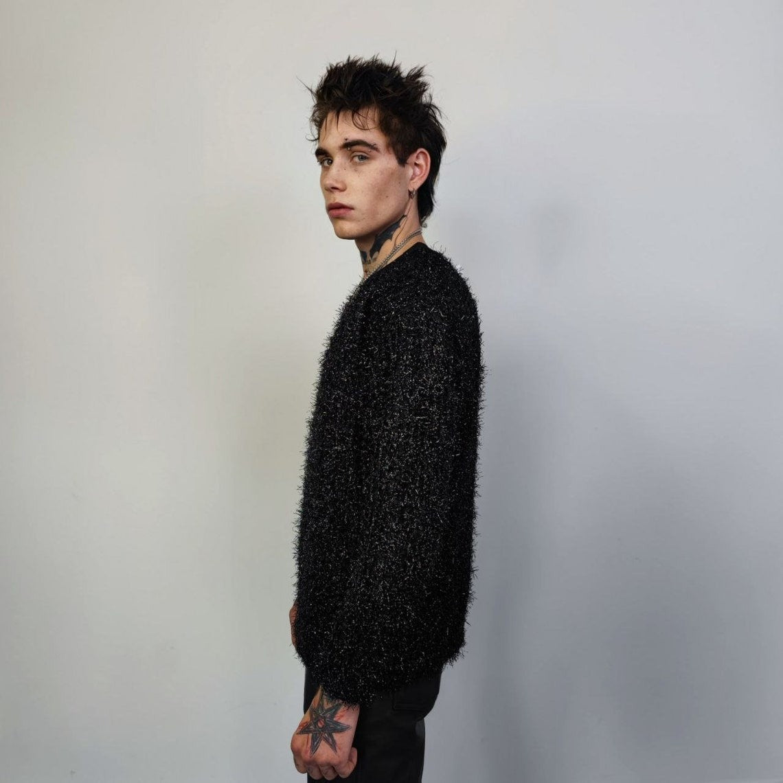 Fluffy sweater glitter jumper sparkly sweatshirt party pullover glam rock long sleeve top fleece sweater in black silver