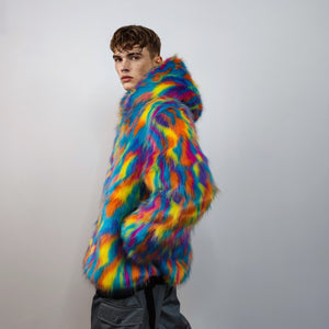 Hooded faux fur psychedelic jacket 70s bomber neon raver coat fluffy tie-dye fleece festival trench burning man going out overcoat blue pink