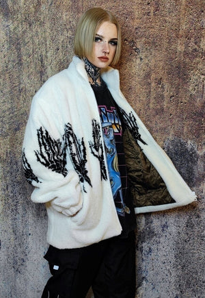 Bones fleece jacket faux fur grunge skeleton bomber in white