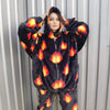 Luxury flame jacket fluffy fire print bomber handmade soft catwalk fleece puffer premium grunge hooded thunder coat in black orange red