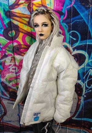 Transparent bomber see through padded puffer jacket in white