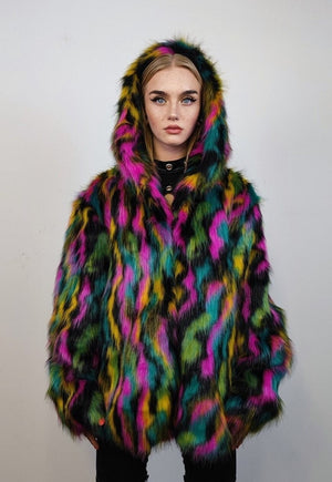 Hooded faux fur stripe neon jacket festival bomber rave coat