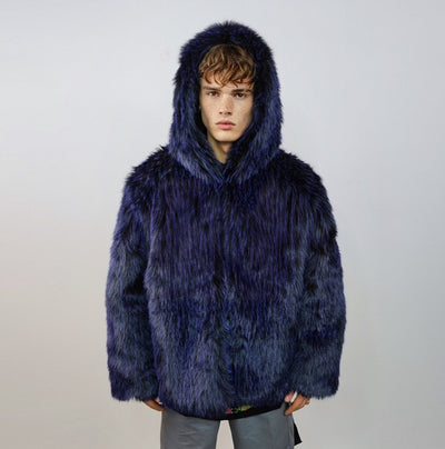 Hooded shaggy faux fur coat luxury fuzzy bomber luminous raver puffer fluffy fleece long hair going out trench burning man overcoat blue